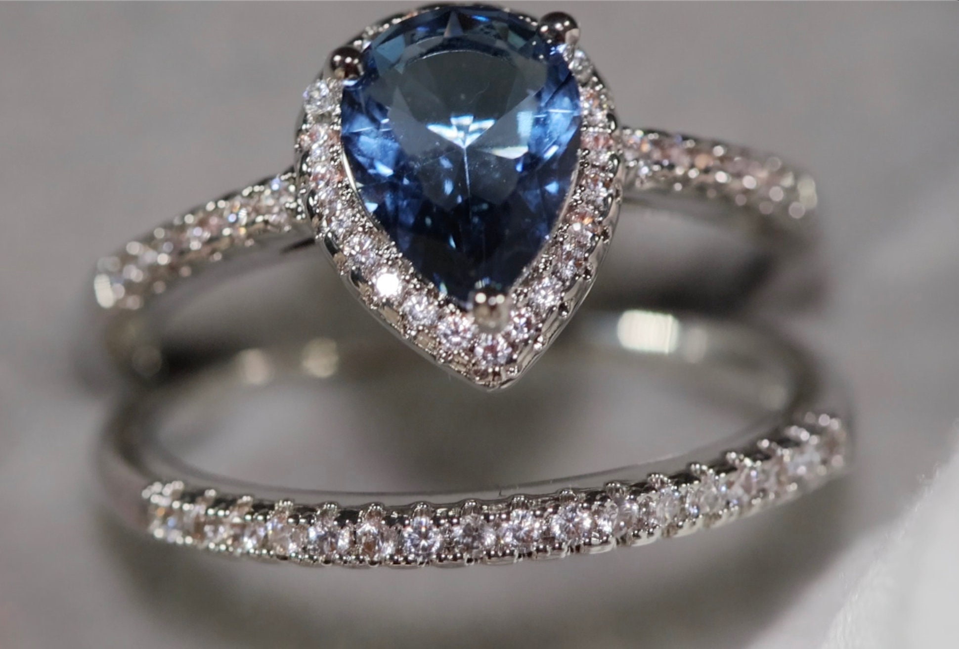 Blue Wedding Ring | Blue Diamond Wedding Ring Set | Blue Pear Cut ...