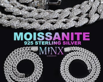 May include: Two silver Cuban link chains with a diamond-like finish. The chains are made of 925 sterling silver and are labeled "Moissanite 925 Sterling Silver" and "MNX London".