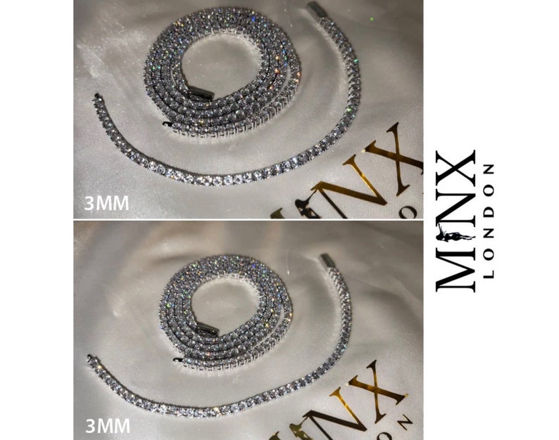 May include: Two silver chains with clear cubic zirconia stones. The chains are 3mm wide and are laid out on a white surface. The text "MINX LONDON" is visible in the upper right corner of the image.