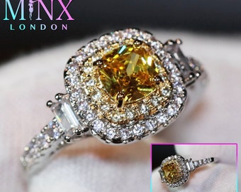 Yellow Diamond Ring | Yellow Diamond Engagement Rings | Canary Yellow Diamond Ring | Baguette Ring | Womens Engagement Ring | Halo Ring