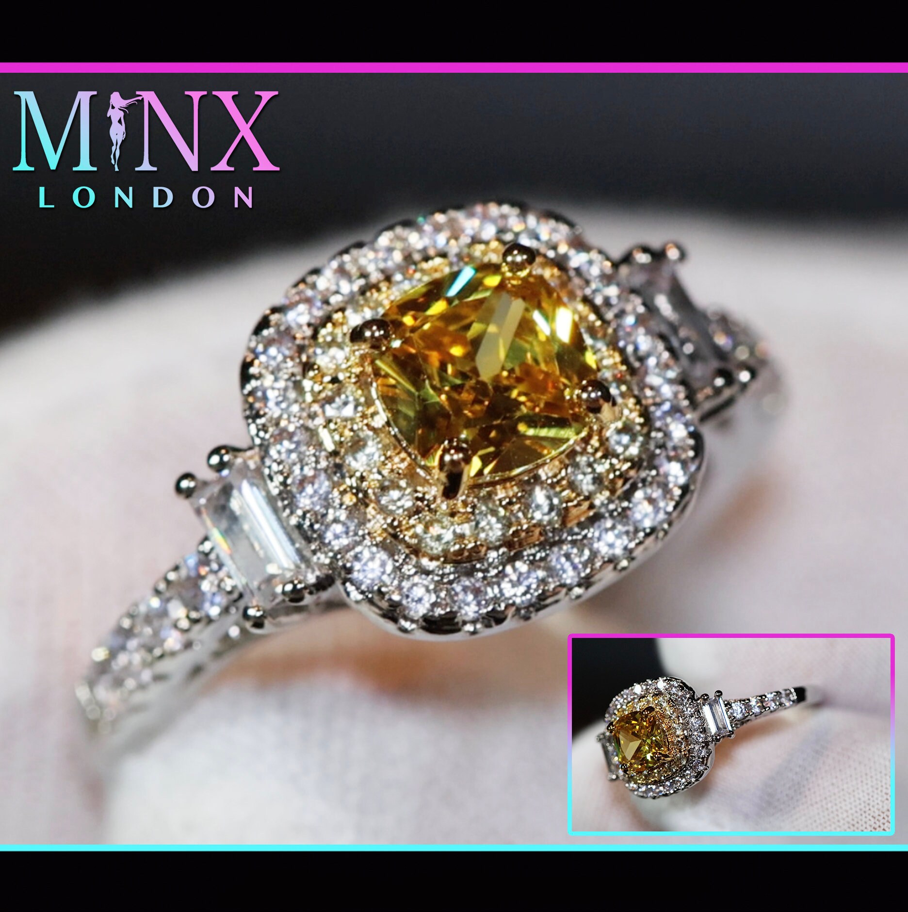Yellow Diamond Ring | Yellow Diamond Engagement Rings | Canary Yellow Diamond Ring | Baguette Ring | Womens Engagement Ring | Halo Ring