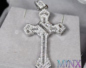 Baguette Cut Diamond Cross Pendant | Cross Necklace Women | Mens Iced Cross | Iced Out Cross Pendant | Mens Silver Diamond Cross Pendant