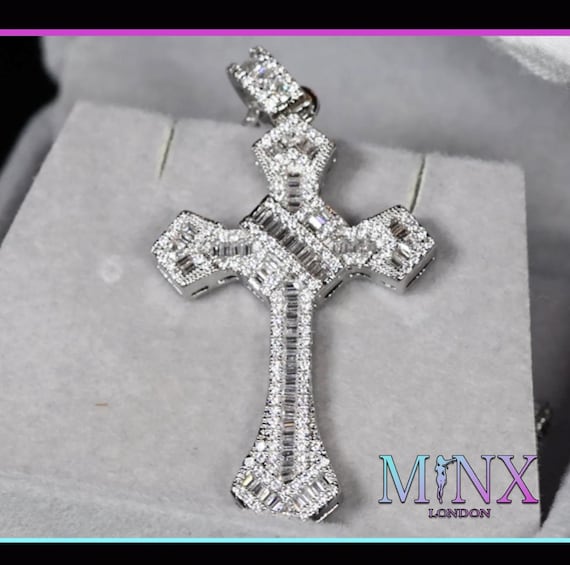 Baguette Cut Diamond Cross Pendant | Cross Necklace Women | Mens Iced Cross | Iced Out Cross Pendant | Mens Silver Diamond Cross Pendant