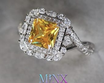 Anel de diamante amarelo | Anel de noivado de diamante amarelo | Anel de diamante amarelo com corte princesa | Anel de casamento | Anel de noivado feminino