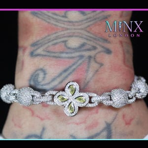 Yellow Diamond Clover Bracelet | Green Diamond Clover Bracelet | Iced Out Clover Bracelet | Clover Bracelet | Men&#39;s Diamond Ball Bracelet