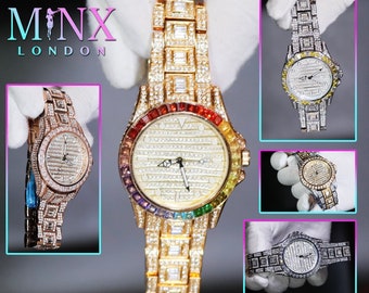 Gefrorene heraus Uhr | Gefrorene Armbanduhr | Herren Iced Out Armbanduhr | Hip Hop Uhr | Baguette Armbanduhr | Diamant Uhren | Regenbogen Lünette Uhr | Regenbogen Uhr |