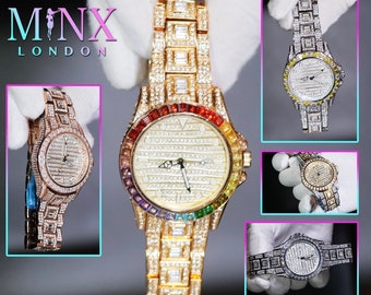 Iced Out Watch | Iced Watch | Mens Iced Out Watch | Hip Hop Watch | Baguette Watch | Diamond Watches | Rainbow Bezel Watch  | Rainbow Watch|