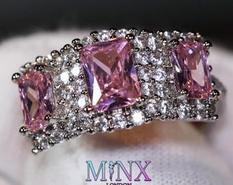 Anelli di fidanzamento con diamanti rosa / Anello con diamanti rosa / Anello da donna con diamanti rosa / Anello con promessa / Anello di fidanzamento da donna / Anello con tre pietre rosa