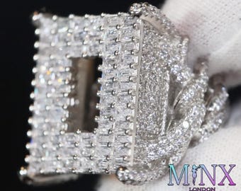Bague Initiale En Moissanite Harlembling - Argent 925, Taille 7, Style Hip-hop Baguette Glacée, Neuf Avec Emballage