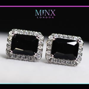 Mens Black Diamond Ear Studs | Black Gemstone Ear Studs | Black Diamond Stud Earrings | Halo Earrings | Women&#39;s Black Diamond Earrings