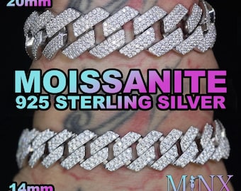 May include: Two silver moissanite bracelets, 20mm and 14mm wide, with a link chain design. The bracelets are set with small, sparkling stones. The text "MOISSANITE 925 STERLING SILVER" is displayed.