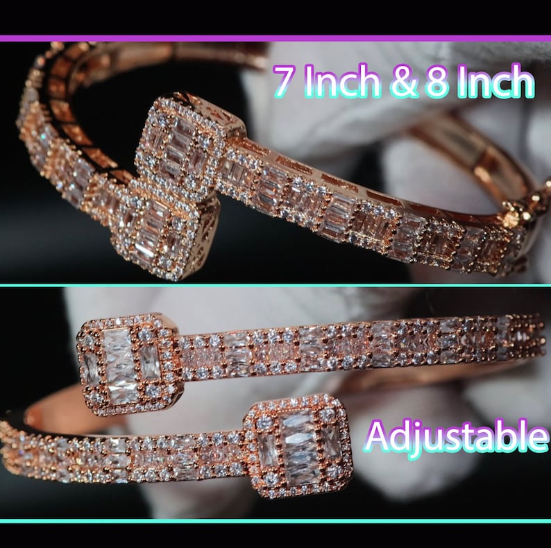 May include: A rose gold bangle bracelet with a double row of baguette-shaped cubic zirconia stones. The bracelet is adjustable and comes in 7 inch and 8 inch sizes.