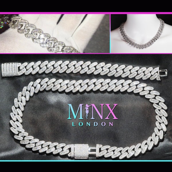 Mens Baguette Diamond Cuban Chain | Cuban Link Chain | Mens Iced Out Chain | Iced Out Necklace | Iced Out Bracelet | Silver Hip Hop Chain