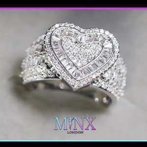 Silver Diamond Heart Ring | Silver Heart Ring | Silver Baguette Diamond Heart Ring | Iced Out Heart Ring | Big Silver Diamond Heart Ring