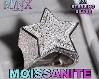 Moissanite Diamond Star Ring | Iced Out Ring | Diamond Star Ring | Moissanite Star Ring | Hip Hop Ring | Iced Out Star Ring, Moissanite Ring
