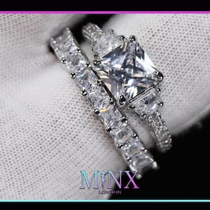 Womens Wedding Ring Set | Womens Silver Diamond Engagement Ring Set | Wedding Ring | Princess Cut Diamond Wedding Ring, Womens Eternity Ring