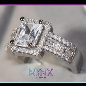 Baguette Cut Diamond Ring | Women&#39;s Silver Engagement Ring | Engagement Rings | Womens Rings | Radiant Cut Diamond Engagement Ring