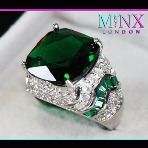 Mens Silver Green Diamond Ring | Mens Green Diamond Ring | Iced Out Ring | Womens Green Diamond Ring | Mens Green Baguette Diamond Ring