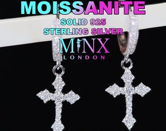 Moissanite Diamond Hoop Cross Earrings | Mens Moissanite Diamond Cross Earrings | Silver Diamond Hoop Cross Earrings | Iced Cross Earrings