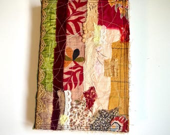 Handmade Patchwork Journal — Tea-Stained Mixed Media Paper, Sari Silk & Lace Cover, gift wrapped