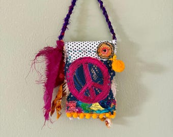 Textile Peace Flag: Layered Fabric Wall Hanging, Boho Textile Art