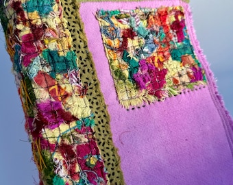 Pink Hand Dyed Art Journal, silk sari patchwork,  Hand Embroidered Linen Detail