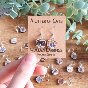 cat earrings, wooden earrings, cute earrings, cat design jewelry