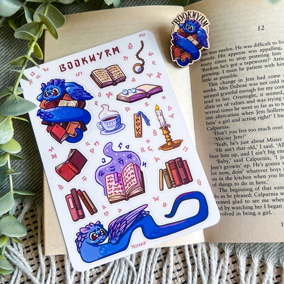 book lover sticker sheet, cute dragon stickers, sticker pack, dungeons and dragons, bookwyrm sticker sheet, bookworm gift