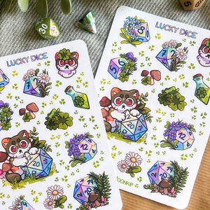 dnd sticker sheet, cute cat stickers, sticker pack, dungeons and dragons, lucky  dice sticker sheet