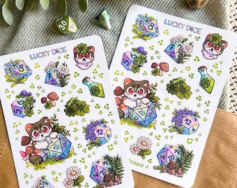 dnd sticker sheet, cute cat stickers, sticker pack, dungeons and dragons, lucky  dice sticker sheet