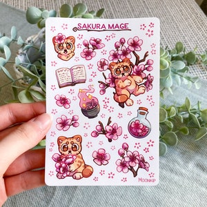 Feuille d'autocollants fantastiques, autocollants fleurs de cerisier, autocollants chats mignons, lot d'autocollants, donjons et dragons, feuille d'autocollants mage sakura