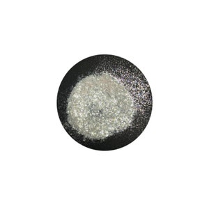 May include: A close-up of iridescent silver glitter in a small black bowl.