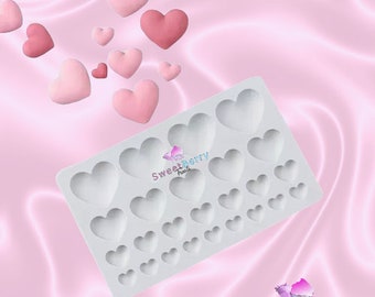 Molde grande de corazón de silicona de 25 cavidades, molde de corazones de varios tamaños, molde de fondant, molde de chocolate, molde de cera