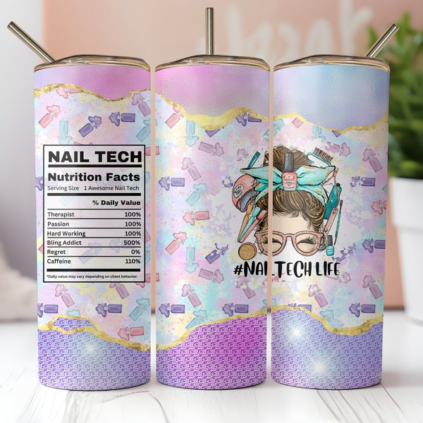 Nail Tech Tumbler Wrap, Nail Technician Nutrition Facts Seamless Glitter 20oz Skinny Tumbler Wrap, Téléchargement PNG instantané