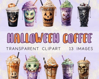Halloween Coffee Cups Clipart, Halloween Clipart Bundle, Spooky Cute Drinks Sublimation Transparent PNG For Commercial Use, Instant Download