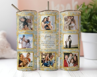 Avvolgi tumbler familiare, cornice per foto senza soluzione di continuità modello sublimazione tumbler skinny da 20 once glitter oro, aggiungi le tue foto, download PNG istantaneo