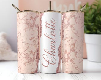 Rose Gold Marmor Tumbler Wrap, fügen Sie Ihren eigenen Namen hinzu Nahtlose Glitter 20 Unzen Skinny Tumbler Sublimationsvorlage, Instant PNG Download