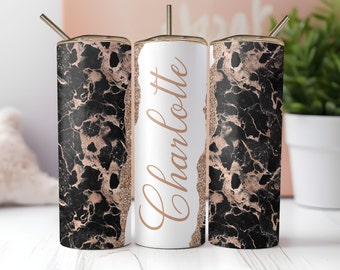Schwarzer Marmor Tumbler Wrap, fügen Sie Ihren eigenen Namen hinzu Nahtlose Rose Gold Pink Glitter 20 Unzen Skinny Tumbler Sublimationsvorlage, Instant PNG Download