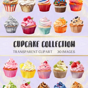 Cupcake Clipart, Cupcake Dessert Bundle, Watercolor Vector Cute Cupcakes Muffins, Transparent PNG For Commercial Use, Instant PNG Download