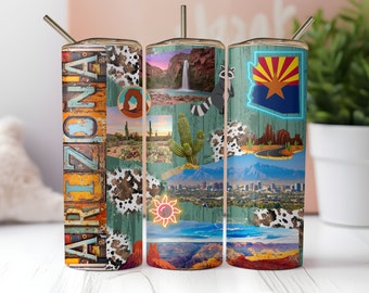 May include: Three stainless steel tumblers with a collage of Arizona-themed images. The tumblers feature a vintage license plate with the word "Arizona", a cactus, a sunset, a waterfall, a raccoon, a road, a city skyline, and the state of Arizona outline.