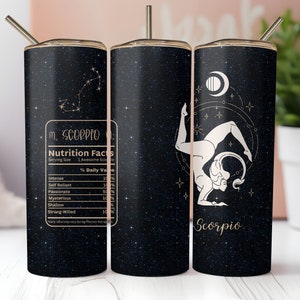 Emballage gobelet du zodiaque Scorpion, valeur nutritive, sublimation de gobelet maigre 20 oz, téléchargement PNG instantané