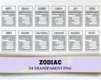 Pacchetto PNG con informazioni nutrizionali sullo zodiaco, 24 file PNG con sfondo trasparente in bianco e nero, download immediato di PNG