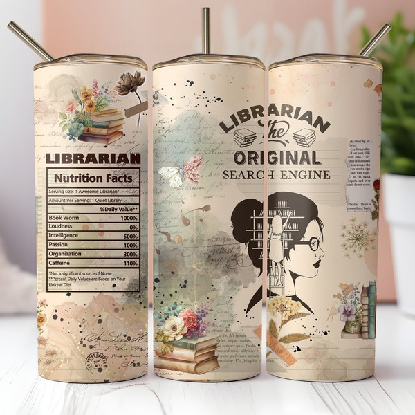 Librarian Tumbler Wrap, Librarian Nutrition Facts, Seamless 20oz Skinny Tumbler Sublimation, Instant PNG Download