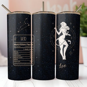 Leo Zodiac Tumbler Wrap, Nutritional Facts Seamless Glitter 20oz Skinny Tumbler Sublimation, Instant PNG Download