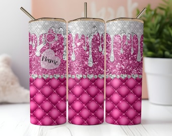 Glam Luxe Tumbler Wrap, Add Your Name Custom Pink Glitter Bling Keychain Tufted 20oz Skinny Tumbler Sublimation, Instant PNG Download