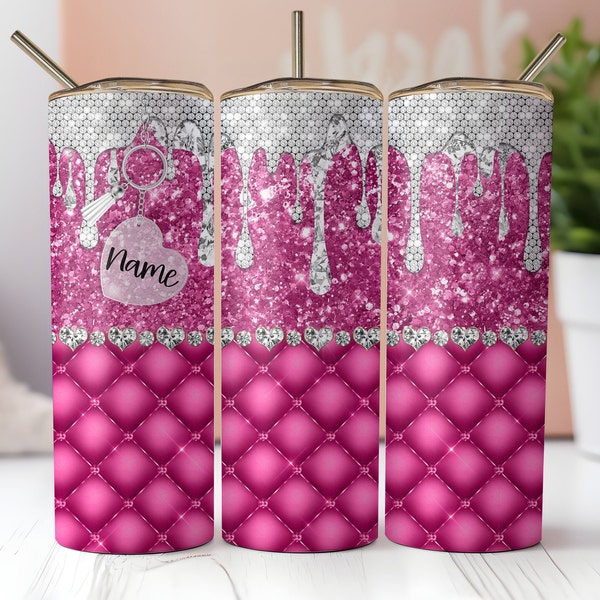 Glam Luxe Tumbler Wrap, Add Your Name Custom Pink Glitter Bling Keychain Tufted 20oz Skinny Tumbler Sublimation, Instant PNG Download