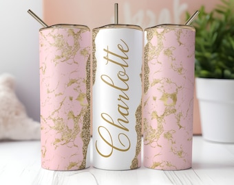 Rosa Marmor Tumbler Wrap, fügen Sie Ihren eigenen Namen hinzu Nahtlose Glitter 20 Unzen Skinny Tumbler Sublimationsvorlage, Instant PNG Download