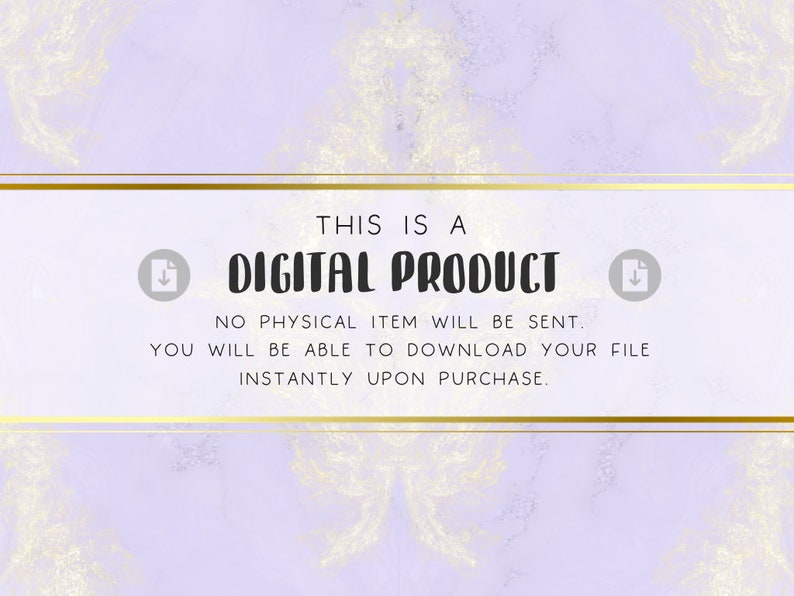 May include: A digital product announcement with a purple background and gold accents. The text reads "This is a Digital Product. No physical item will be sent. You will be able to download your file instantly upon purchase."