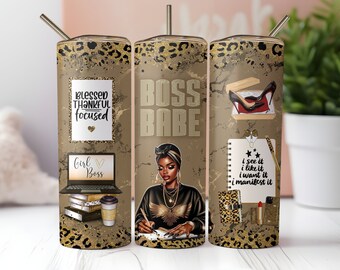Boss Babe Tumbler Wrap, Oro Nero Leopardo Glitter Ragazza Afro Glam Manifestazione 20oz Tumbler Magro Senza Soluzione di Continuità Sublimazione Design PNG Download