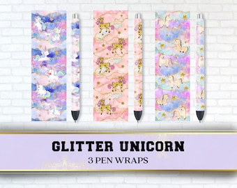Involucro penna glitter unicorno, colori pastello, 3 disegni senza soluzione di continuità, involucri penna epossidica Waterslide, involucri penna Joy Joy, download PNG istantaneo